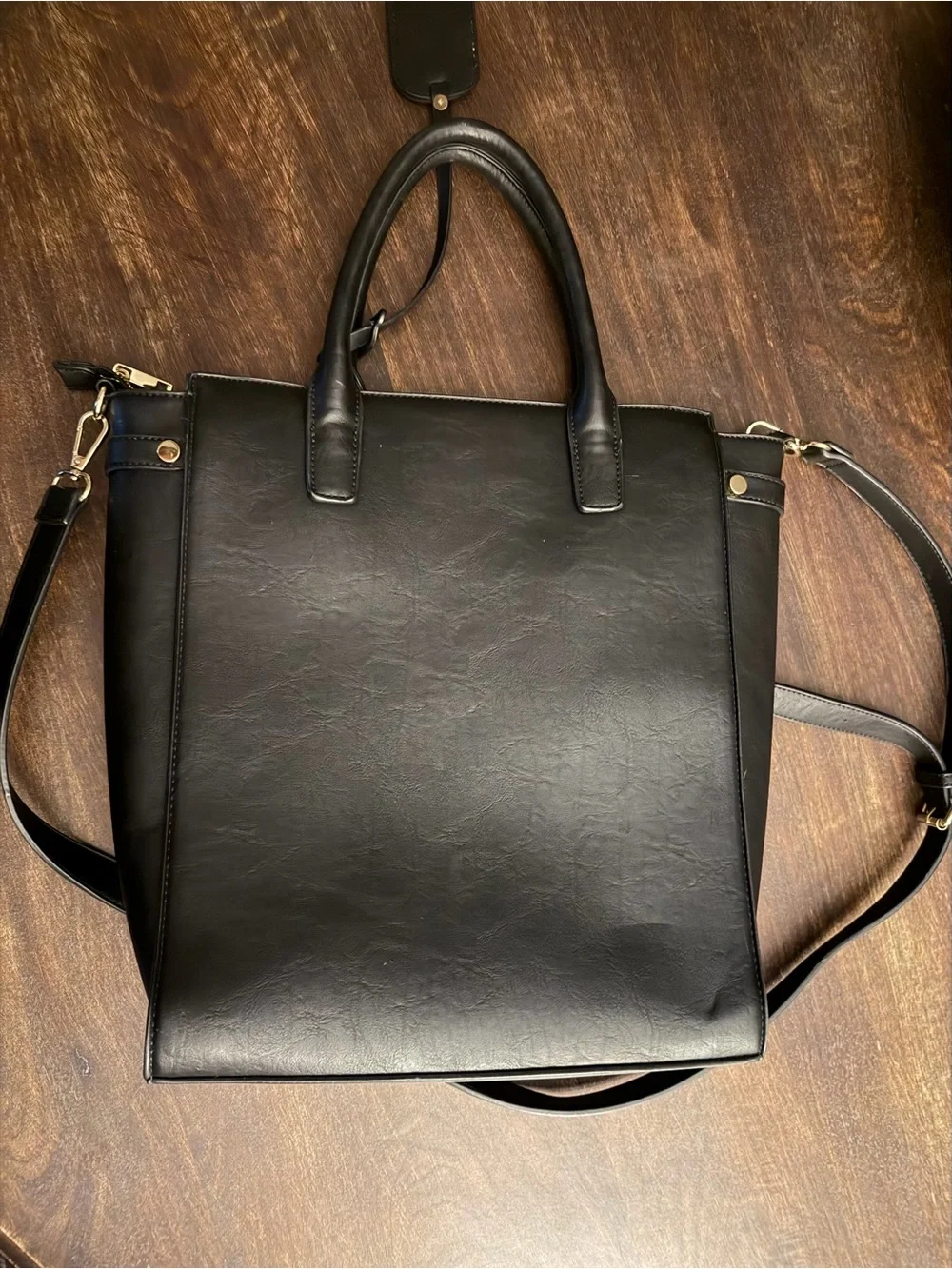 Black Faux Leather Vertical Work Tote Briefcase Crossbody Bag 16x14